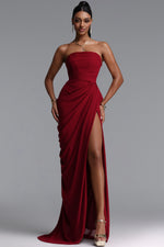 Charger l'image dans la visionneuse de la Galerie, Tazeda Elegant Contour Strapless Ruched Mesh Red Maxi Dress