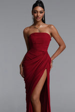 Charger l'image dans la visionneuse de la Galerie, Tazeda Elegant Contour Strapless Ruched Mesh Red Maxi Dress