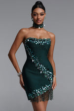 Load image into Gallery viewer, Ock Exquisite Fitted Sequin Rhinestone Beaded Fringe Mini Bandage Dress
