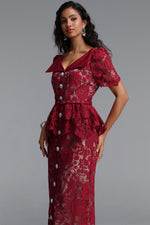 Lade Bild in die Galerieansicht, Quinn Elegant Cinched Short Sleeve Floral Lace Red Maxi Dress