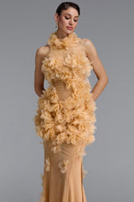 Lade Bild in die Galerieansicht, Rayna Elegant Contour High Neck Floral Mesh Beige Maxi Dress