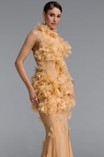 Lade Bild in die Galerieansicht, Rayna Elegant Contour High Neck Floral Mesh Beige Maxi Dress