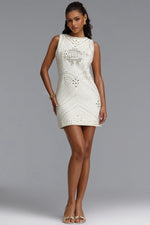 Charger l'image dans la visionneuse de la Galerie, Habiba Chic Round Neck Sleeveless Gold Studded Geometric Pattern Tweed Beige Mini Dress