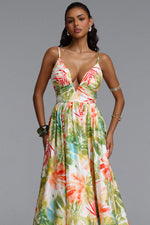 Load image into Gallery viewer, Kamaria Romantic Cinched V Neck Spaghetti Strap Ruched Floral Print Woven Maxi Dress