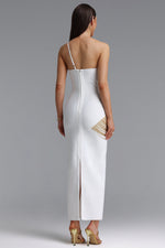 Load image into Gallery viewer, Roanna One Shoulder Sleeveless Golden Tassels Bandage White Maxi Dress