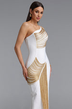 Load image into Gallery viewer, Roanna One Shoulder Sleeveless Golden Tassels Bandage White Maxi Dress