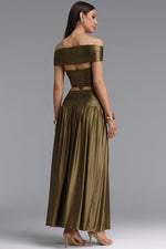 Load image into Gallery viewer, Elaina Sexy Contour Metallic Decor Off Shoulder Top Draped Ruched Midi Skirt Two Piece Set