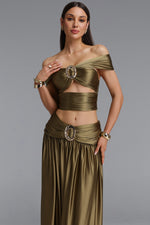 Load image into Gallery viewer, Elaina Sexy Contour Metallic Decor Off Shoulder Top Draped Ruched Midi Skirt Two Piece Set