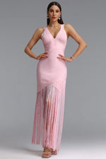 Lade Bild in die Galerieansicht, Emma Chic Contour V Neck Sleeveless Fringe Pink Bandage Maxi Dress