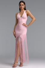 Lade Bild in die Galerieansicht, Emma Chic Contour V Neck Sleeveless Fringe Pink Bandage Maxi Dress