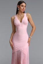 Lade Bild in die Galerieansicht, Emma Chic Contour V Neck Sleeveless Fringe Pink Bandage Maxi Dress