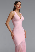 Lade Bild in die Galerieansicht, Emma Chic Contour V Neck Sleeveless Fringe Pink Bandage Maxi Dress