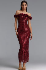 Load image into Gallery viewer, Laley Elegant Contour Off Shoulder Floral Pearl Woven Maxi Dress