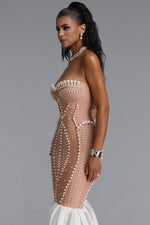 Lade Bild in die Galerieansicht, Falisa Vintage Strapless Heavy Ornate Pearl Pleated Midi Bandage Mermaid Dress
