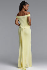 Charger l'image dans la visionneuse de la Galerie, Slaia Minimalist Off Shoulder Diagonal Ruched Knit Yellow Maxi Dress
