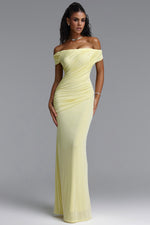 Charger l'image dans la visionneuse de la Galerie, Slaia Minimalist Off Shoulder Diagonal Ruched Knit Yellow Maxi Dress