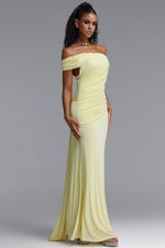 Charger l'image dans la visionneuse de la Galerie, Slaia Minimalist Off Shoulder Diagonal Ruched Knit Yellow Maxi Dress