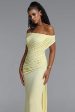 Charger l'image dans la visionneuse de la Galerie, Slaia Minimalist Off Shoulder Diagonal Ruched Knit Yellow Maxi Dress