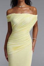 Charger l'image dans la visionneuse de la Galerie, Slaia Minimalist Off Shoulder Diagonal Ruched Knit Yellow Maxi Dress