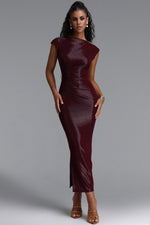 Load image into Gallery viewer, Denali Chic Contour Glitter Pleated Metal Decor Burgundy Maxi Dress