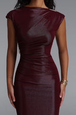 Load image into Gallery viewer, Denali Chic Contour Glitter Pleated Metal Decor Burgundy Maxi Dress