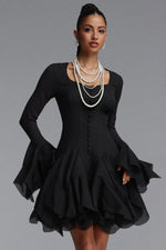 Charger l'image dans la visionneuse de la Galerie, Uhren Vintage Flowy Long Sleeve Ruffle Chiffon Mini Dress