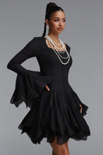 Charger l'image dans la visionneuse de la Galerie, Uhren Vintage Flowy Long Sleeve Ruffle Chiffon Mini Dress