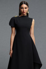 Charger l'image dans la visionneuse de la Galerie, Weren Elegant Contour High Neck Asymmetric Black Maxi Dress