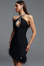 Lade Bild in die Galerieansicht, Elay Halter Sleeveless Cut Out Rhinestone Feather Bandage Midi Dress
