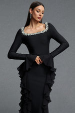 Lade Bild in die Galerieansicht, Mavis Elegant Luxurious Square Neck Long Sleeve Rhinestone Embellished Ruffle Bandage Maxi Dress