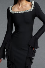 Lade Bild in die Galerieansicht, Mavis Elegant Luxurious Square Neck Long Sleeve Rhinestone Embellished Ruffle Bandage Maxi Dress