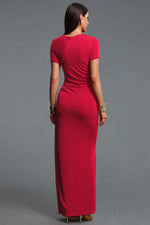Load image into Gallery viewer, Rojo Chic Contour Short Sleeve Ruched Metal Floral Decor Knit Maxi Dress