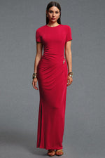 Load image into Gallery viewer, Rojo Chic Contour Short Sleeve Ruched Metal Floral Decor Knit Maxi Dress