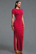 Load image into Gallery viewer, Rojo Chic Contour Short Sleeve Ruched Metal Floral Decor Knit Maxi Dress