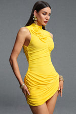 Load image into Gallery viewer, Zurri Romantic Contour Sleeveless Ruched Floral Mesh Yellow Mini Dress