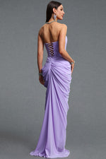 Lade Bild in die Galerieansicht, Tazeda Elegant Contour Strapless Ruched Mesh Purple Maxi Dress