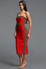 Load image into Gallery viewer, Lestie Minimalist Contour Straight Neck Gold Woven Bandage Red Midi Dress