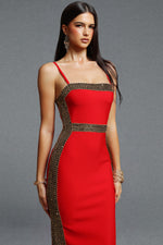 Load image into Gallery viewer, Lestie Minimalist Contour Straight Neck Gold Woven Bandage Red Midi Dress