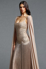 Lade Bild in die Galerieansicht, Ikara Elegant Spaghetti Strap Rhinestone Fringe Cape Bandage Maxi Dress