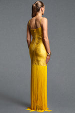 Load image into Gallery viewer, Labola Chic Contour Fringe Gold Bandage Maxi Dress