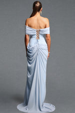 Load image into Gallery viewer, Tazeda Elegant Contour Off Shoulder Ruched Slit Mesh Maxi Dress