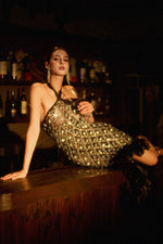Lade Bild in die Galerieansicht, Raola Glamorous Contour Halter Rhinestone Sequin Feather Maxi Dress