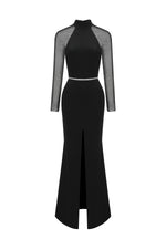 Charger l'image dans la visionneuse de la Galerie, Gini High Neck Long Sleeves Diamond High Slit Maxi Dress