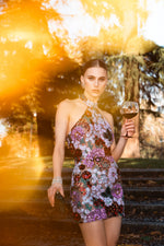 Load image into Gallery viewer, Polasa Halter Sleeveless Sequins Flower Mini Dress