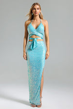 Load image into Gallery viewer, Werko Sequins Strappy Slit Dress