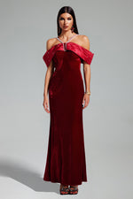 Load image into Gallery viewer, Tove Off Shoulder Velvet Maxi Dress - Red