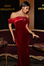 Load image into Gallery viewer, Tove Off Shoulder Velvet Maxi Dress - Red