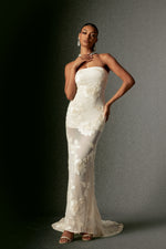 Load image into Gallery viewer, Deliyn Strapless Embroidery Flr Mesh Maxi Dress