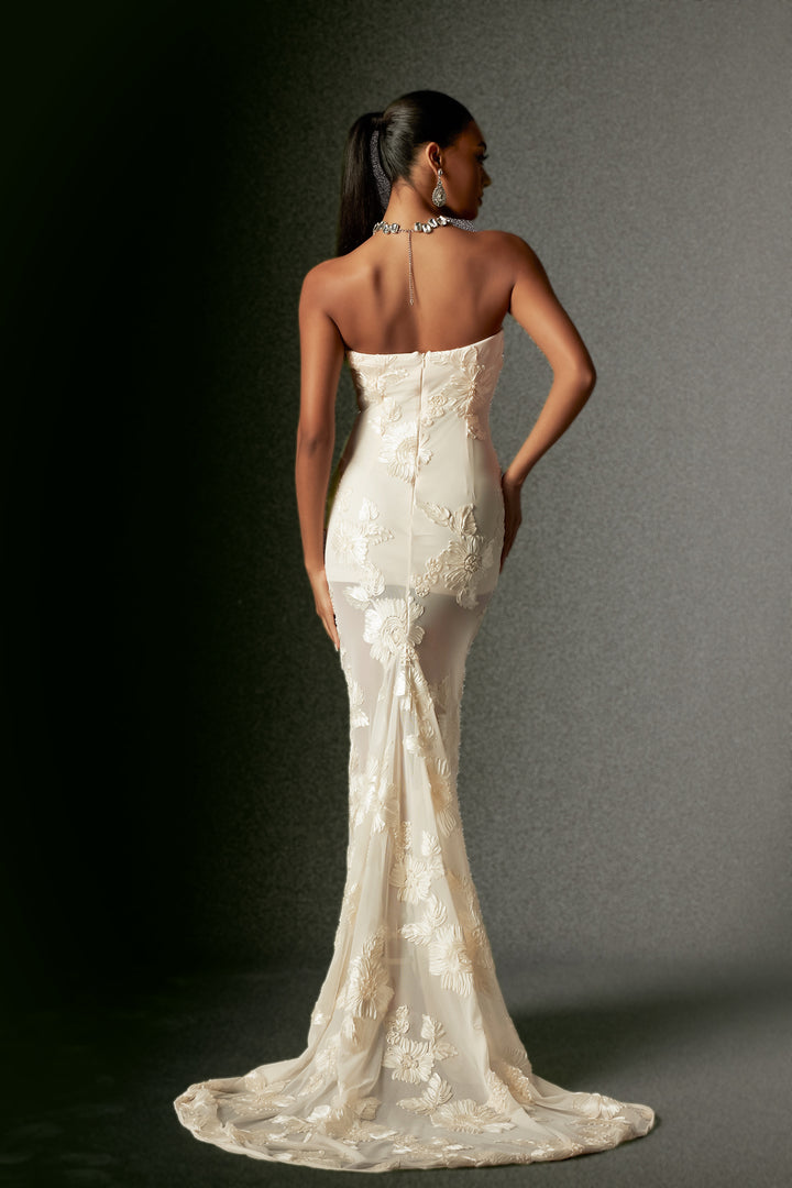 Deliyn Strapless Embroidery Flr Mesh Maxi Dress