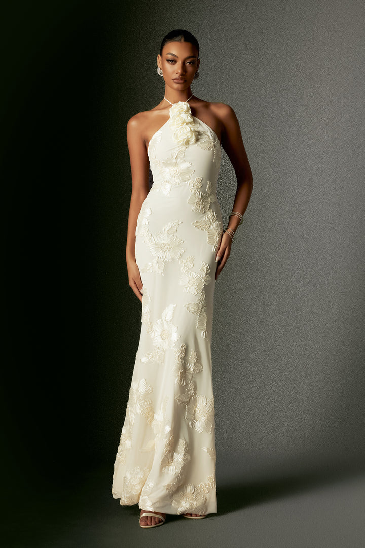 Griselda Flr Halter Embroidery Maxi Dress - White